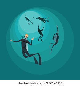Set of vector illustrations of divers in cartoon style
