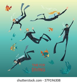 Set of vector illustrations of divers flat -style