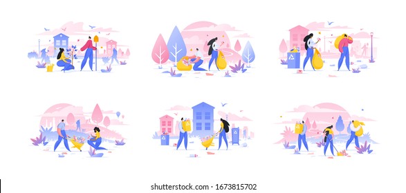 Conjunto de ilustraciones vectoriales con voluntarios hombres y mujeres que retiran la basura y plantan la semilla de árboles en el parque y en la calle de la ciudad juntos