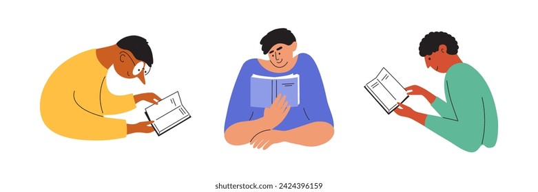 Set of vector illustrations diverse men read holding book in hand. Male person books lover concept. Literacy day, library, book club or festival, education, poetry lover. Man reading literature story