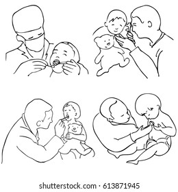 Set of vector illustrations. Doctor and child. Appointment with the doctor.