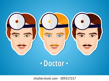 Set of vector illustrations of a doctor. Doctor. The man's face. Icon. Flat icon. Minimalism. The stylized Man. Occupation. Job. Uniforms, cap.