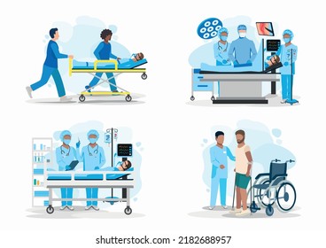 Set von Vektorgrafiken Arzt und Patient. Die Sanitäter tragen einen Patienten auf einem Stretcher, eine Operation im Operationssaal, Wiederbelebung, Rehabilitation nach rechts. Vielen Dank, Ärzte und Krankenschwestern.