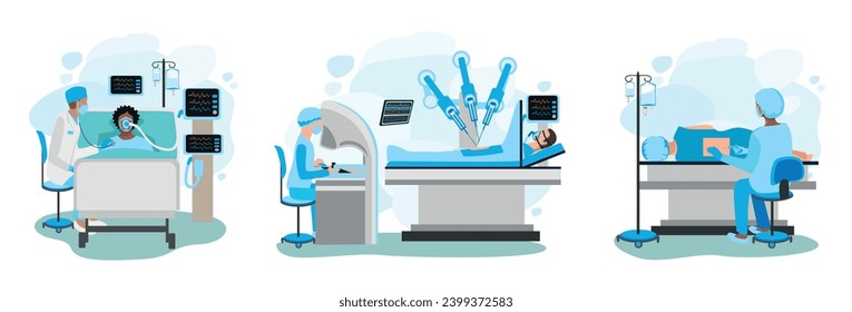 Set of vector illustrations of doctor and patient. Doctor examines patient in intensive care, robotic surgery, anesthesiologist administers epidural anesthesia. Thanks to the doctors and nurses.