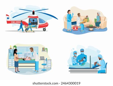 Set of vector illustrations of doctor and patient. Transporting a patient by helicopter, paramedics provide assistance to the patient, Partner childbirth, pediatrician examines the child. Thanks to th