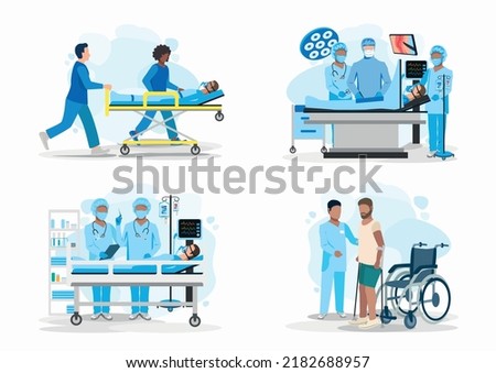Set of vector illustrations doctor and patient. Paramedics carry a patient on a stretcher, surgery in the operating room, resuscitation, rehabilitation after right. Thank you doctors and nurses.