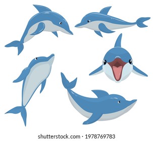 set of vector illustrations with dolphins isolated on a white background