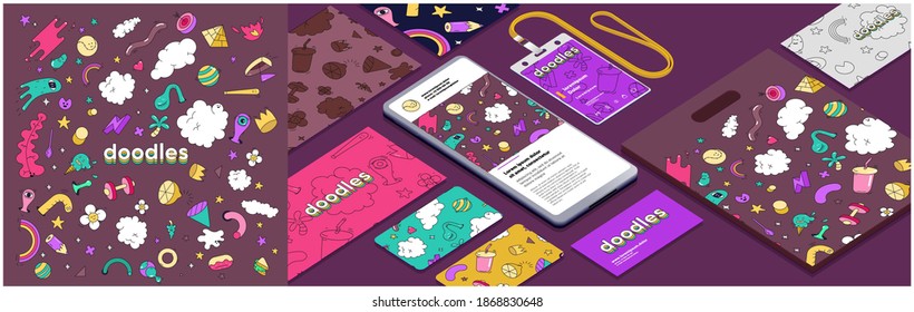 Set of vector illustrations. Doodle elements, texture and pattern of Doodle elements, Children's background. Corporate identity, branding, t-shirt, mobile phone, package, postcard, I. D. badge.