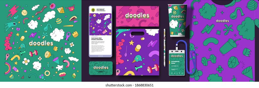 Set of vector illustrations. Doodle elements, texture and pattern of Doodle elements, Children's background. Corporate identity, branding, t-shirt, mobile phone, package, postcard, I. D. badge.