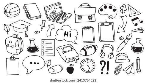 set of vector illustrations in doodle style on the back to school theme. School supplies.