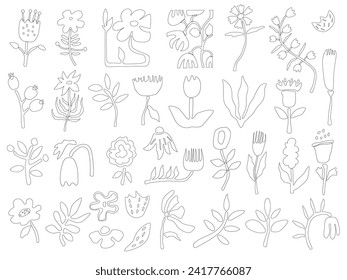 Un conjunto de ilustraciones vectoriales con flores estilo doodle. Colección de flores y un clipart dibujado a mano.Diseño de pegatinas, redes sociales, empaque, Internet, postales, afiches.