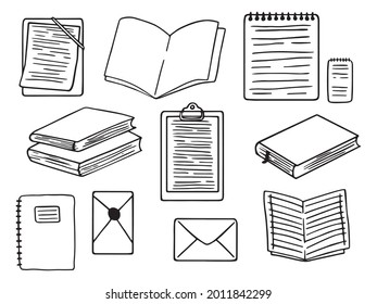 Ensemble d'illustrations vectorielles dessinées à la main dans le style doodle. Livres, cahiers, cahiers, enveloppes.