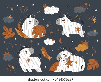 Set of vector illustrations with dreaming zebras, clouds, stars, constellations, moon, leaves and a pinch of magic in the night sky. Hand-drawn cute illustration.