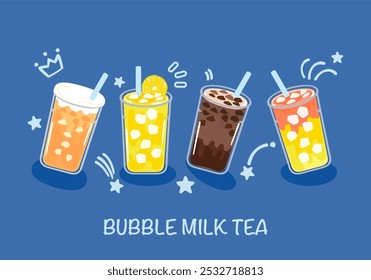 Set of vector illustrations of drinks. Bubble milk tea. Delicious desserts in glasses or plastic cups. Isolated on a bright colored background. Cute cartoon line style food and drink menu illustration