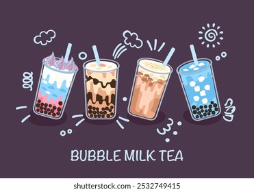 Conjunto de ilustrações vetoriais de bebidas. Chá com leite de bolha. Deliciosas sobremesas em copos ou copos de plástico. Isolado em um fundo colorido brilhante. Lindos desenhos animados estilo comida e bebida menu ilustração