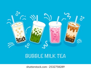 Set of vector illustrations of drinks. Bubble milk tea. Delicious desserts in glasses or plastic cups. Isolated on a bright colored background. Cute cartoon line style food and drink menu illustration