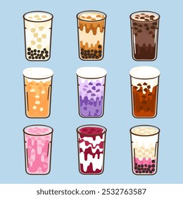 Set of vector illustrations of drinks. Bubble milk tea. Delicious desserts in glasses or plastic cups. Isolated on a bright colored background. Cute cartoon line style food and drink menu illustration