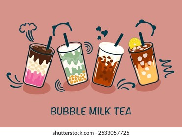 Set of vector illustrations of drinks. Bubble milk tea. Delicious desserts in glasses or plastic cups. Isolated on a bright colored background. Cute cartoon line style food and drink menu illustration