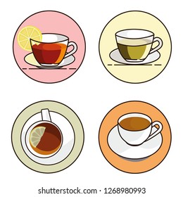Set of vector illustrations of drinks. Set of different types of tea. Green tea, black tea, tea with lemon.