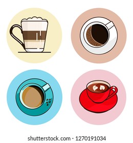 Set of vector illustrations of drinks. Set of different types of coffee. Coffee with milk, black coffee, latte.