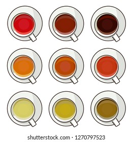 Set of vector illustrations of drinks. Set of different types of tea. Green, black, red, herbal, white tea.