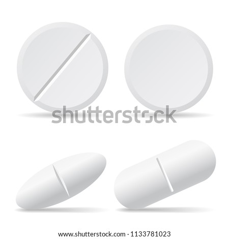 Set of vector illustrations of drug pills with shadows, round and oval - isolated on white background