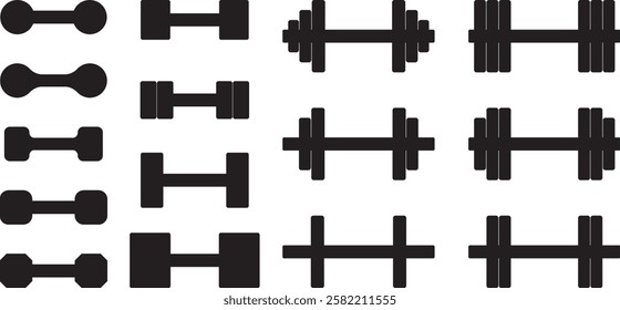 Set of vector illustrations of dumbbells, barbells, and dumbbells of various shapes
