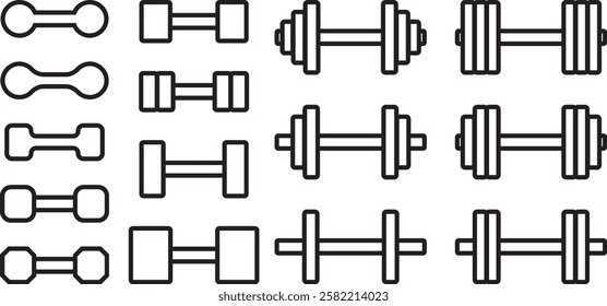 Set of vector illustrations of dumbbells, barbells, and dumbbells of various shapes