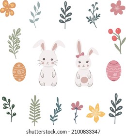 Set of vector illustrations of Easter bunnies with eggs and plants