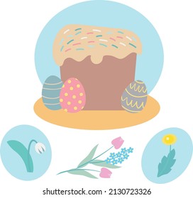 Un conjunto de ilustraciones vectoriales de pasteles de Pascua, huevos y flores de primavera. Flores de primavera: nevada, diente de león, tulipanes, scylla. Ilustraciones de Pascua