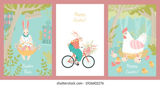 Set of vector illustrations for Easter with cute rabbits and chickens. Postcard templates with cartoon characters in flat style