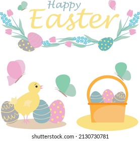 Un conjunto de ilustraciones vectoriales de huevos de Pascua, pollo, mariposas, canasta con huevos. La inscripción "Feliz Pascua" enmarcada por tulipanes de flores de primavera, scylla. Ilustraciones de Pascua