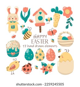 Set of vector illustrations for Easter holiday. Consisting of 17 single clipart. In hand-drawn stile. 
