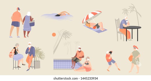 Set Of Vector Illustrations Of The Elderly On Vacation. Old People Relax By The Pool, In A Cafe And On The Beach, Enjoy Socializing And Walking.