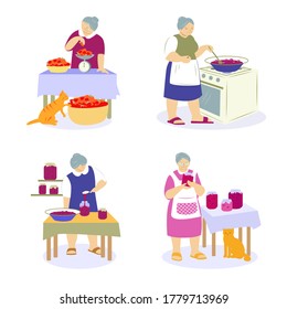 Set of vector illustrations. An elderly woman, a grandmother, makes homemade jam.