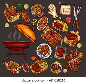 Set of vector illustrations, elements for barbecue with brazier, BBQ accessories, grilled food, various meat, sausages, vegetables and sauces isolated on gray. Print, template, design element