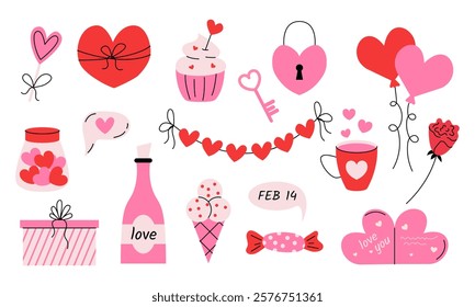 Set of vector illustrations with elements symbolizing Valentine's Day hearts, balloons, sweets, gifts, flowers, drinks and other romantic symbols. Suitable for creating valentines