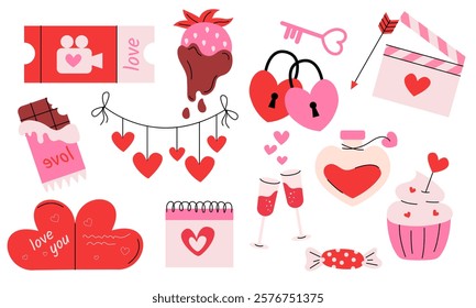 Set of vector illustrations with elements symbolizing Valentine's Day hearts, sweets, movie ticket, firecracker, glasses, bottle and other roma