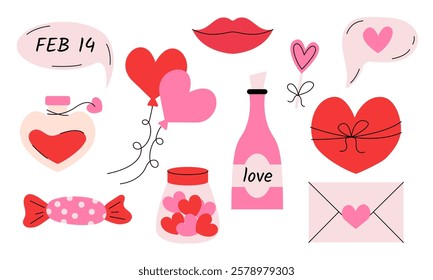 Set of vector illustrations with elements symbolizing Valentine's Day hearts, balloons, a bottle with the inscription love, candies, lips, a gift box and other romantic symbols 