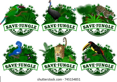 conjunto de ilustraciones vectoriales emblemas guardar jungla con animales 