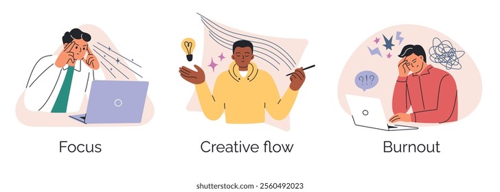 Set of vector illustrations, emotional and psychological states at work, men with burnout, focus, and creative flow, cartoon characters. Workplace challenges and productivity in flat style