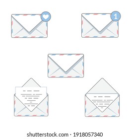 Set of vector illustrations of an envelope with a letter in open and closed form.