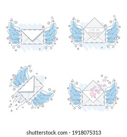 Set of vector illustrations of an envelope with wings open and closed. A message with hearts and a surprise flies through the clouds.