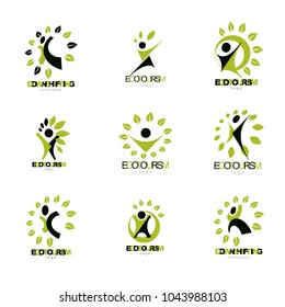 Set of vector illustrations of excited abstract man with arms reaching up. Healthy lifestyle metaphor. 