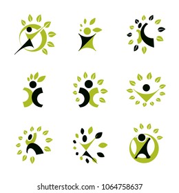 Set of vector illustrations of excited abstract man with arms reaching up. Alternative medicine concept, phytotherapy logo.