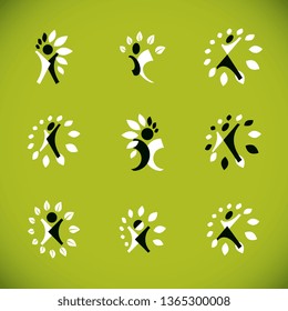 Set of vector illustrations of excited abstract man with arms reaching up. Alternative medicine concept, phytotherapy logo.