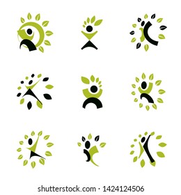 Set of vector illustrations of excited abstract man with arms reaching up. Alternative medicine concept, phytotherapy logo.