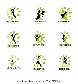 Set of vector illustrations of excited abstract person with raised hands up. Vegetarian theme logo for use in medical and social theme advertisement.