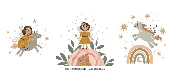
Set of vector illustrations. Fairies, flowers and castles in boho style. Hand painted illustration for children's design in cartoon style.