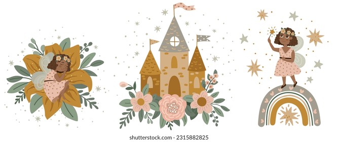 
Set of vector illustrations. Fairies, flowers and castles in boho style. Hand painted illustration for children's design in cartoon style.